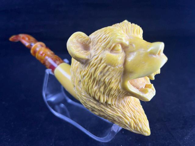 Hand-Carved Bear Head Meerschaum Pipe – Unique Yellow – Collectible Smoking Gift from Turkey - Image 2
