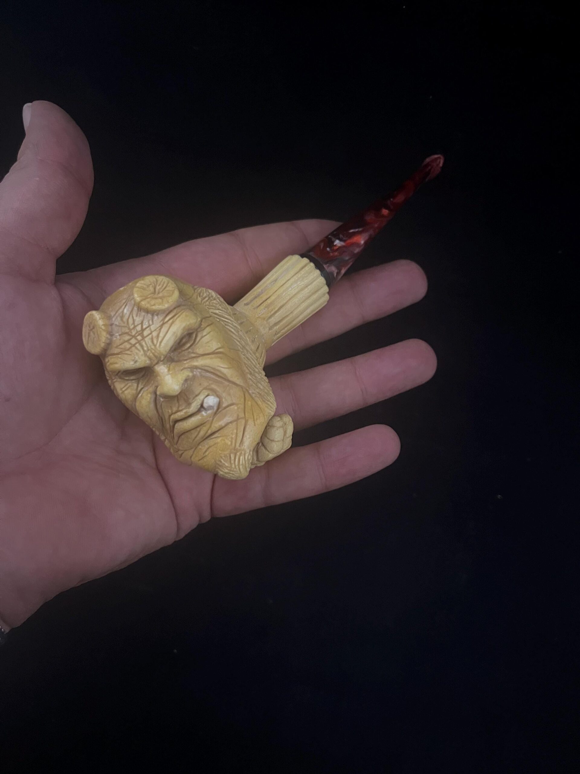 From Hell with Smoke – Hand Carved Pipe - Hornless, Fearless – Hellboy Meerschaum Pipe - Image 7