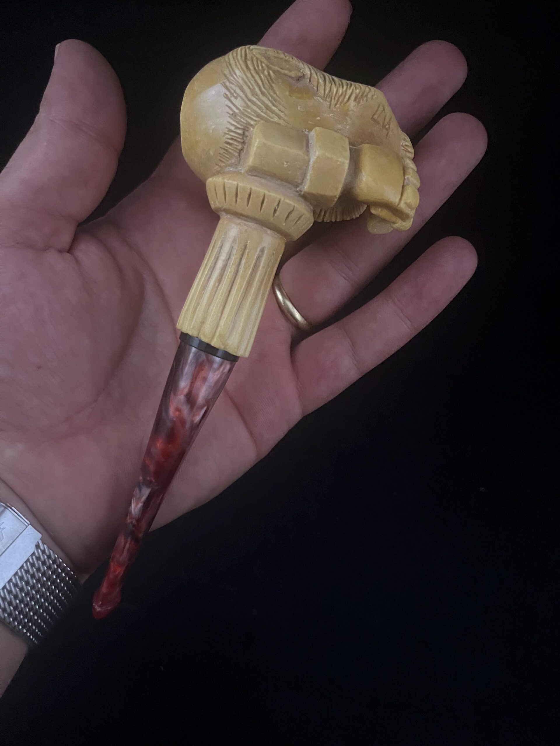From Hell with Smoke – Hand Carved Pipe - Hornless, Fearless – Hellboy Meerschaum Pipe - Image 6