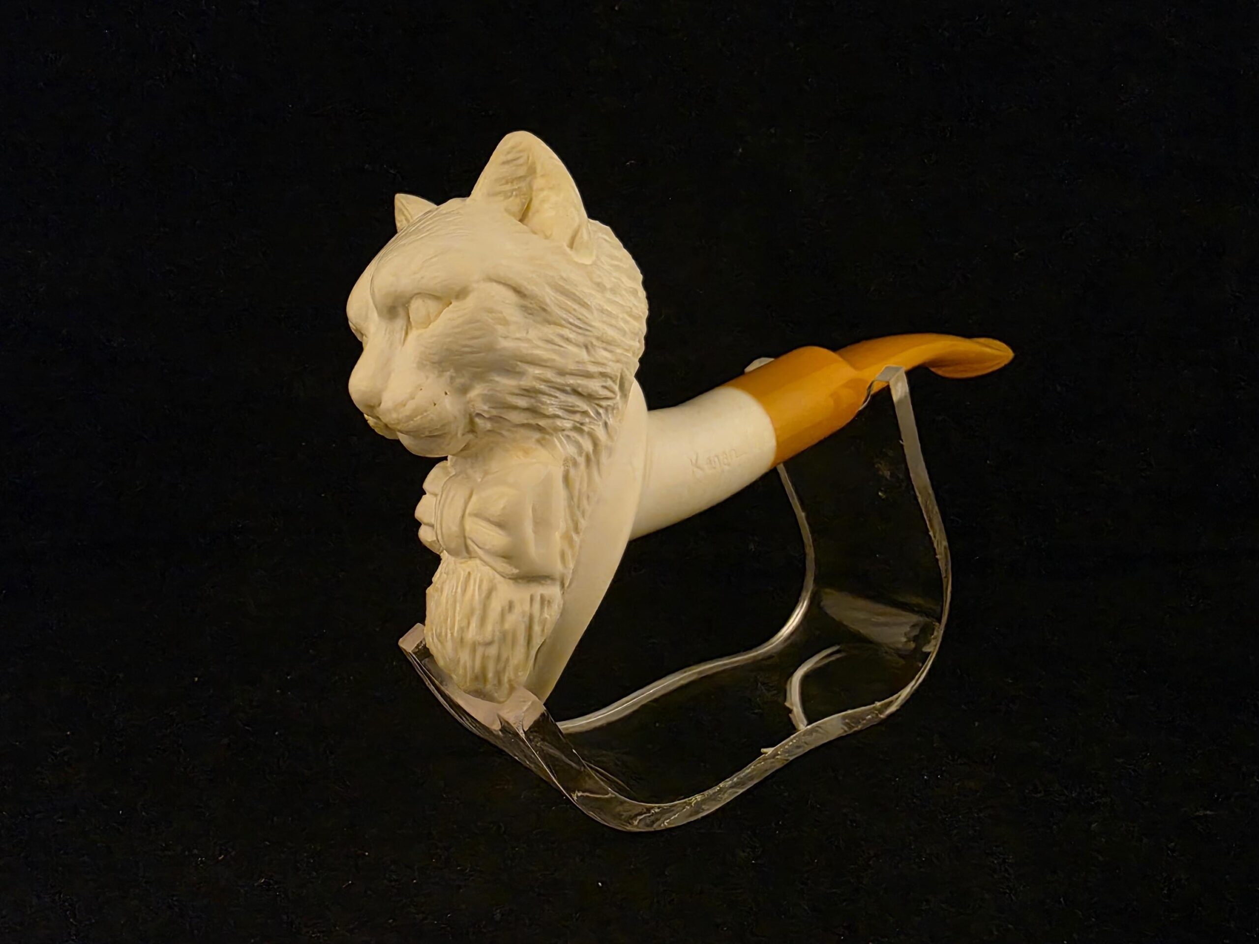 Hand-Carved Cat with Bow Tie Block Meerschaum Pipe – Acrylic Stem - Image 2