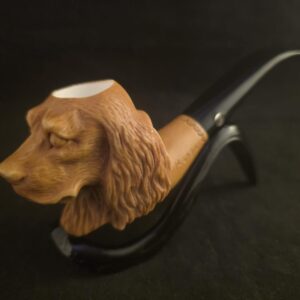 Hand-Carved Dog Figure Block Meerschaum Pipe with fitted case and Acrylic Stem – Signed Artist Piece
