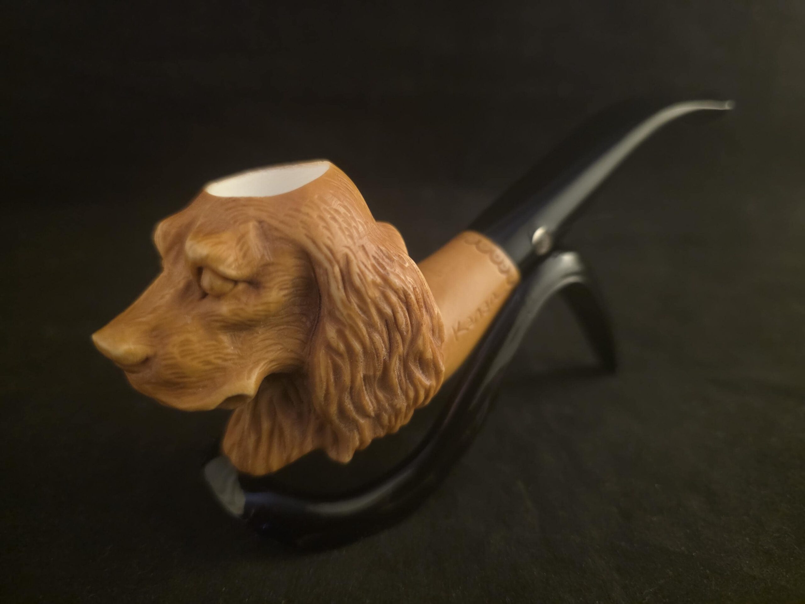 Hand-Carved Dog Figure Block Meerschaum Pipe with fitted case and Acrylic Stem – Signed Artist Piece