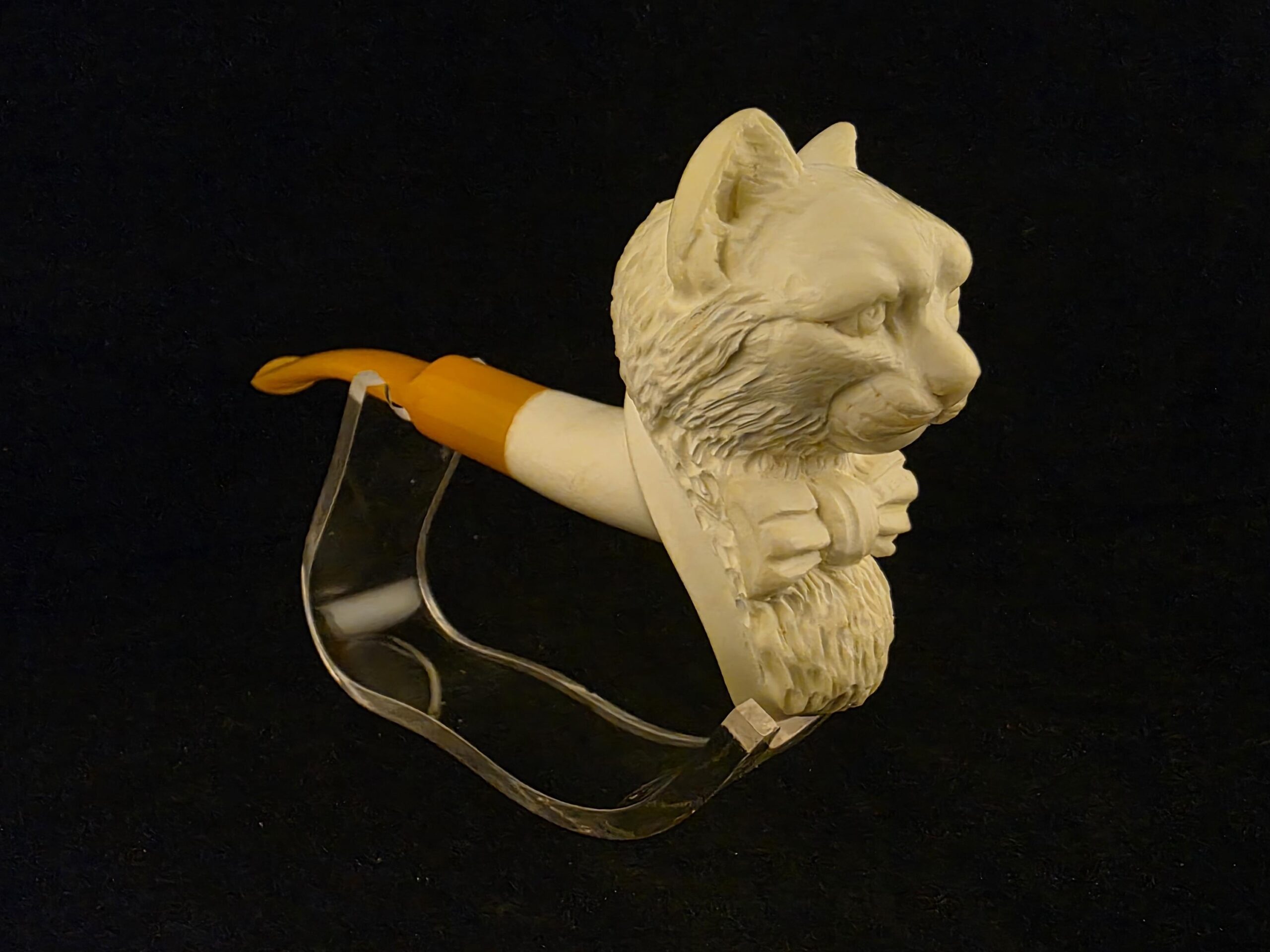 Hand-Carved Cat with Bow Tie Block Meerschaum Pipe – Acrylic Stem