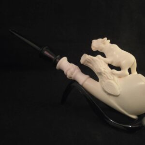 Hand Carved Hunting Lion Block Meerschaum Pipe Acrylic Stem Collectible Pipe