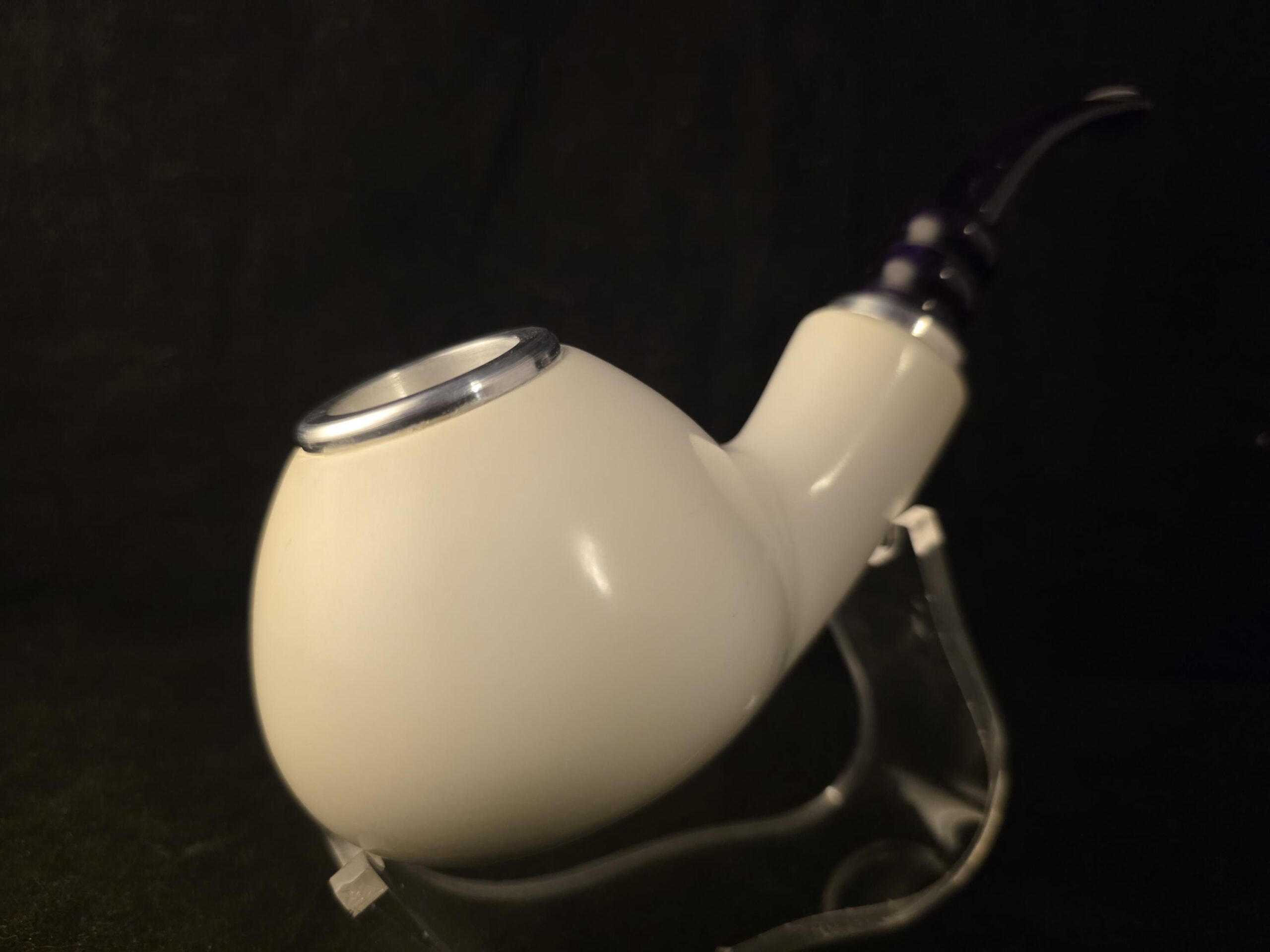 Smooth Apple Meerschaum Pipe, Push Pull Stem, Double Metal Ring, Genuine Block Meerschaum, Fitted Case,Reverse Calabash