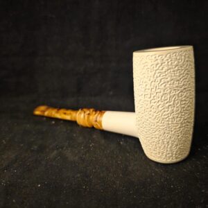 Rustic Poker Pipe, Deep Bowl, Block Meerschaum, Handmade, Unique Stem Design, Fitted Case, Elegant Collectible
