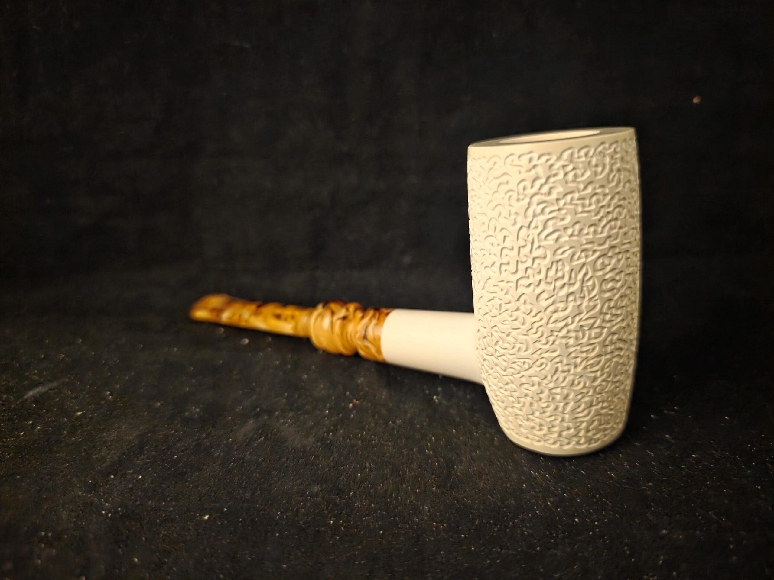 Rustic Poker Pipe, Deep Bowl, Block Meerschaum, Handmade, Unique Stem Design, Fitted Case, Elegant Collectible
