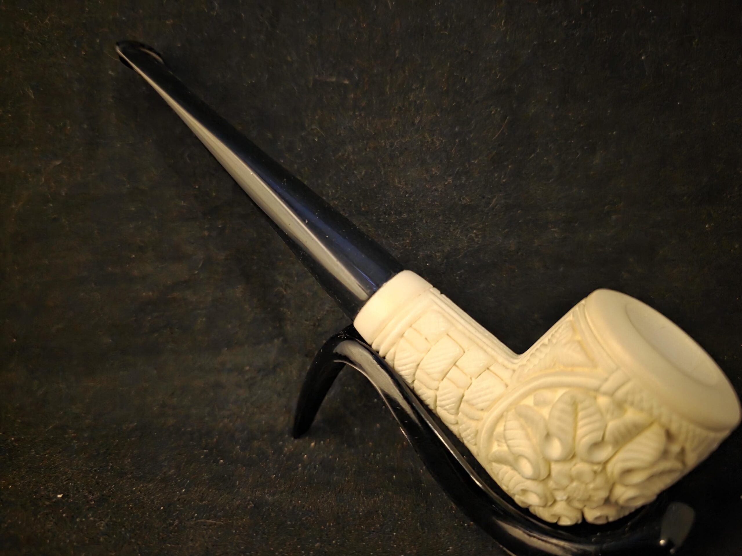 Floral relief Work Meerschaum Pipe , Block Meerschaum, Gift For Him, Acrylic Stem - Image 3