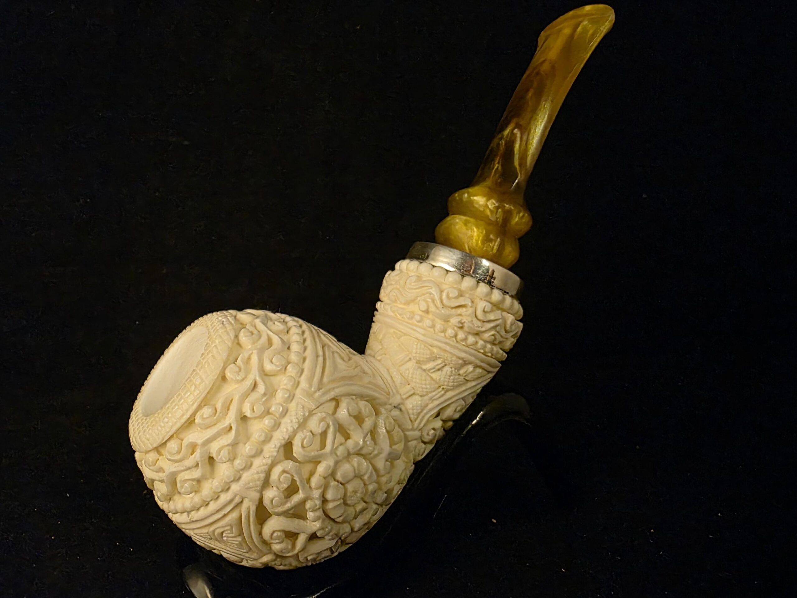 925 Silver Ring Extream Rare Micro Relief Work Meerschaum Pipe,Block Meerschaum, Gift For Him, Special Stem Design - Image 5