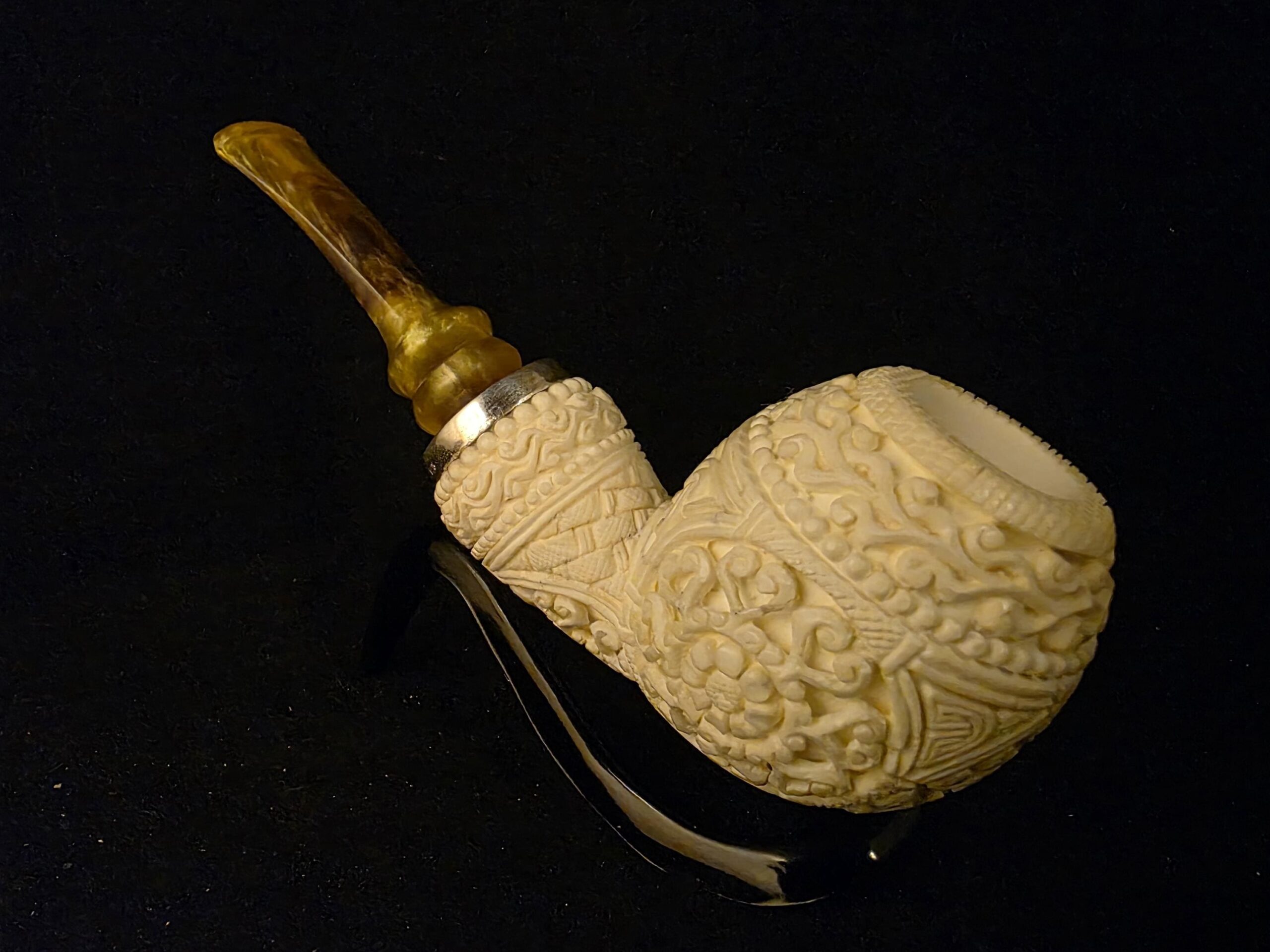 925 Silver Ring Extream Rare Micro Relief Work Meerschaum Pipe,Block Meerschaum, Gift For Him, Special Stem Design
