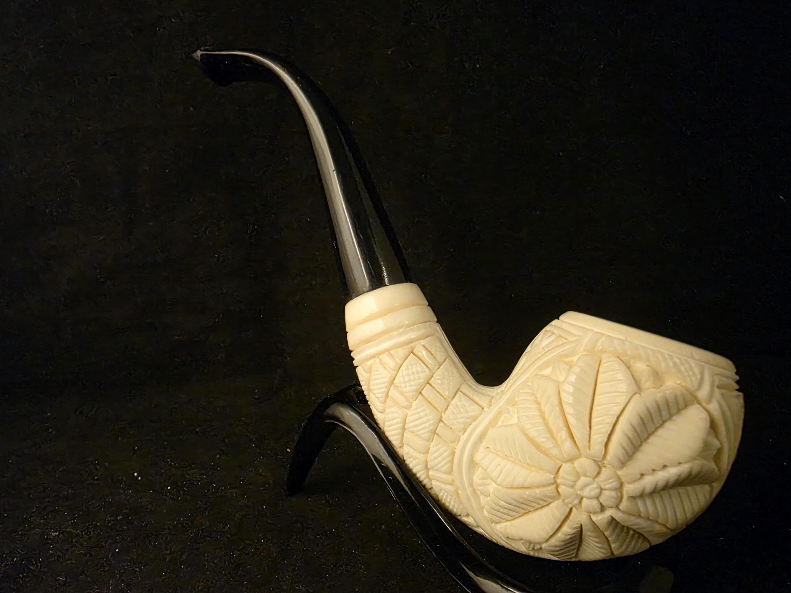 Special Floral Relief Work Meerschaum Pipe, Block Meerschaum, Gift For Him, Acrylic Stem - Image 3