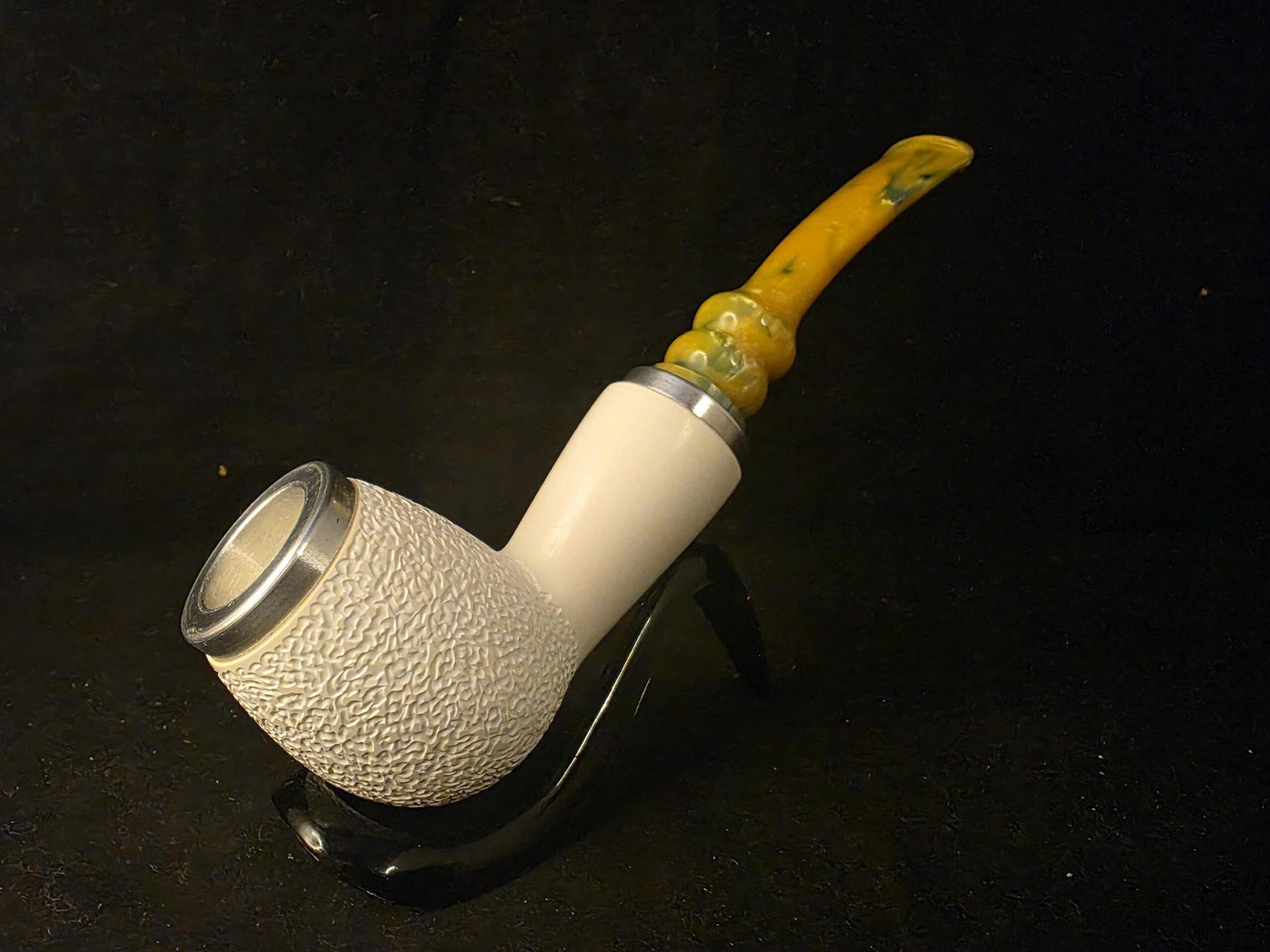 Rustic Apple Design Meerschaum Pipe, Special Push Pull Stem Design, Reverse Calabash Chamber, Fitted Case, Double Metal ring - Image 3