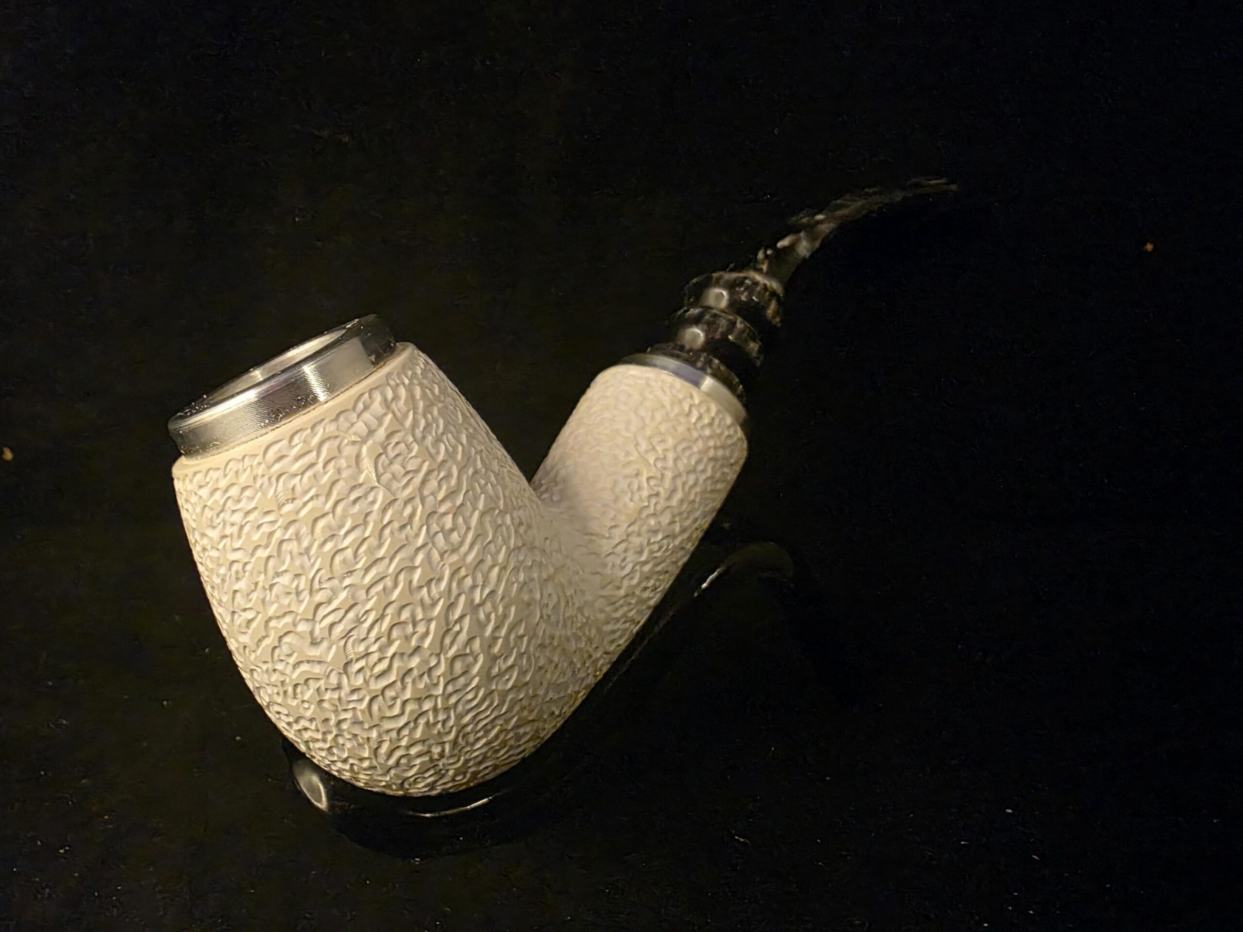 Rustic Apple Design Meerschaum Pipe, Special Push Pull Stem Design, Reverse Calabash Chamber, Fitted Case, Double Metal ring - Image 3