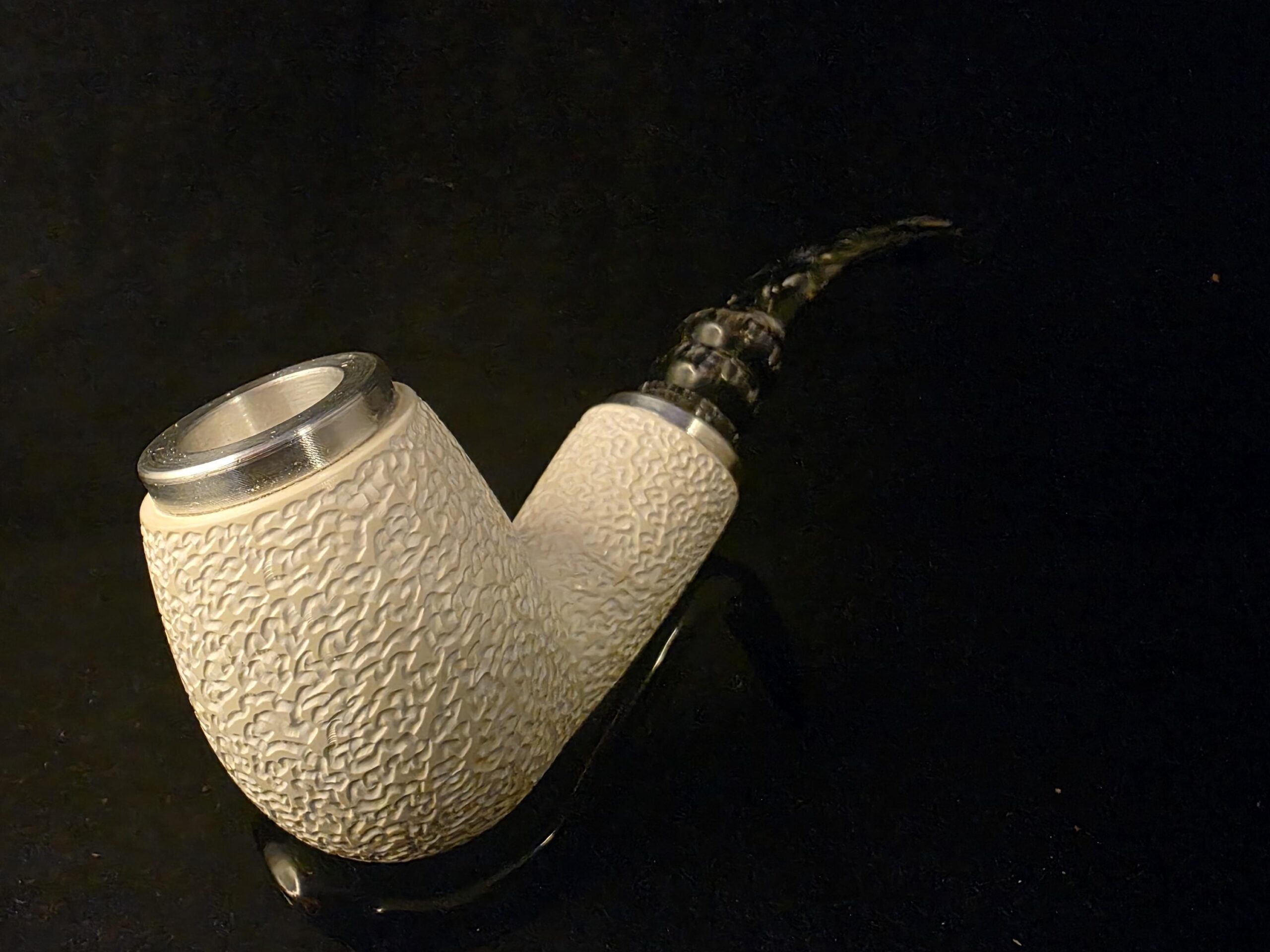 Rustic Apple Design Meerschaum Pipe, Special Push Pull Stem Design, Reverse Calabash Chamber, Fitted Case, Double Metal ring - Image 5