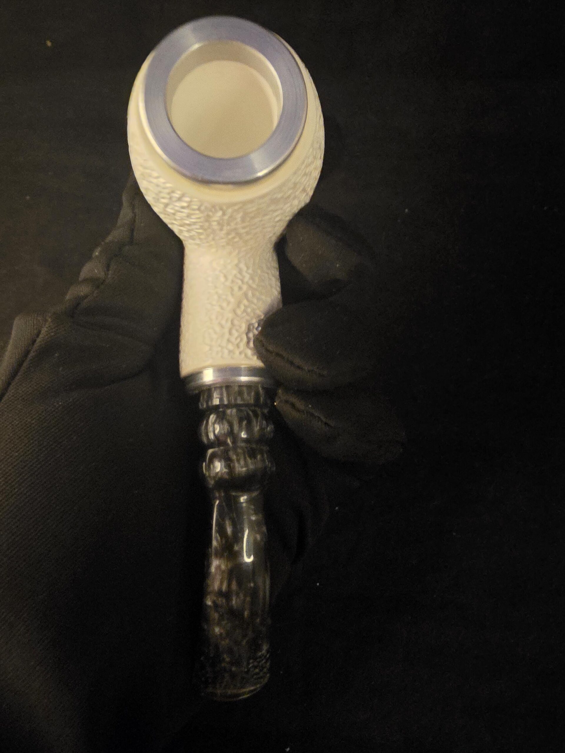 Rustic Apple Design Meerschaum Pipe, Special Push Pull Stem Design, Reverse Calabash Chamber, Fitted Case, Double Metal ring - Image 9