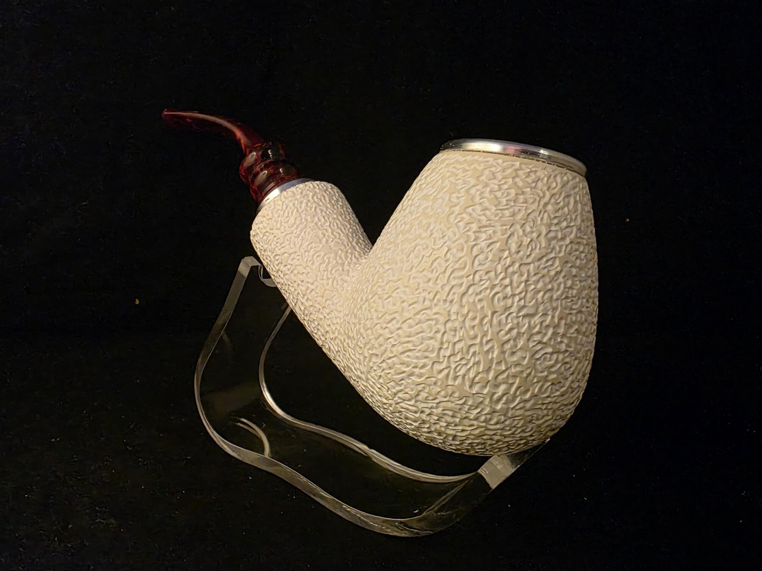 Large size Rustic Meerschaum Pipe, Reverse Calabash chamber, Special Push Pull Stem, Fitted Case, Block Meerschaum