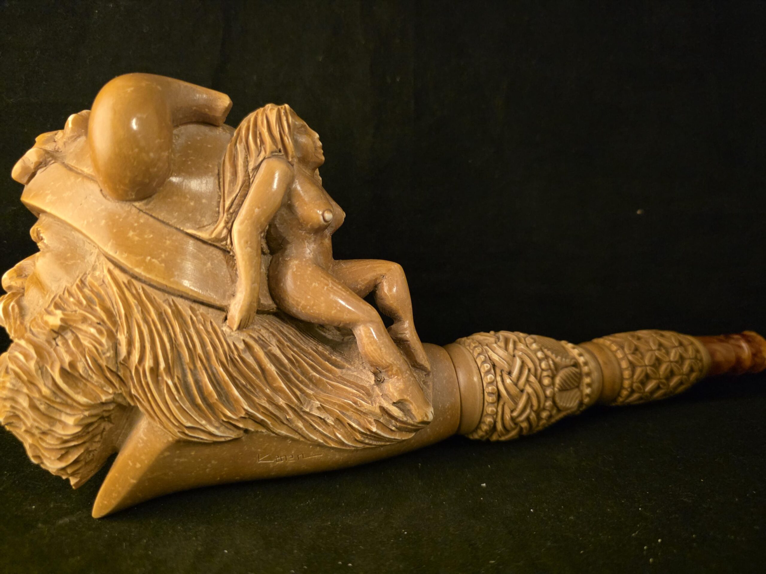 Large Viking Meerschaum Pipe, Hand Carved Block Meerschaum, Viking Warrior & Skull, Nude Female Figures, Museum Quality Collectible Pipe - Image 5