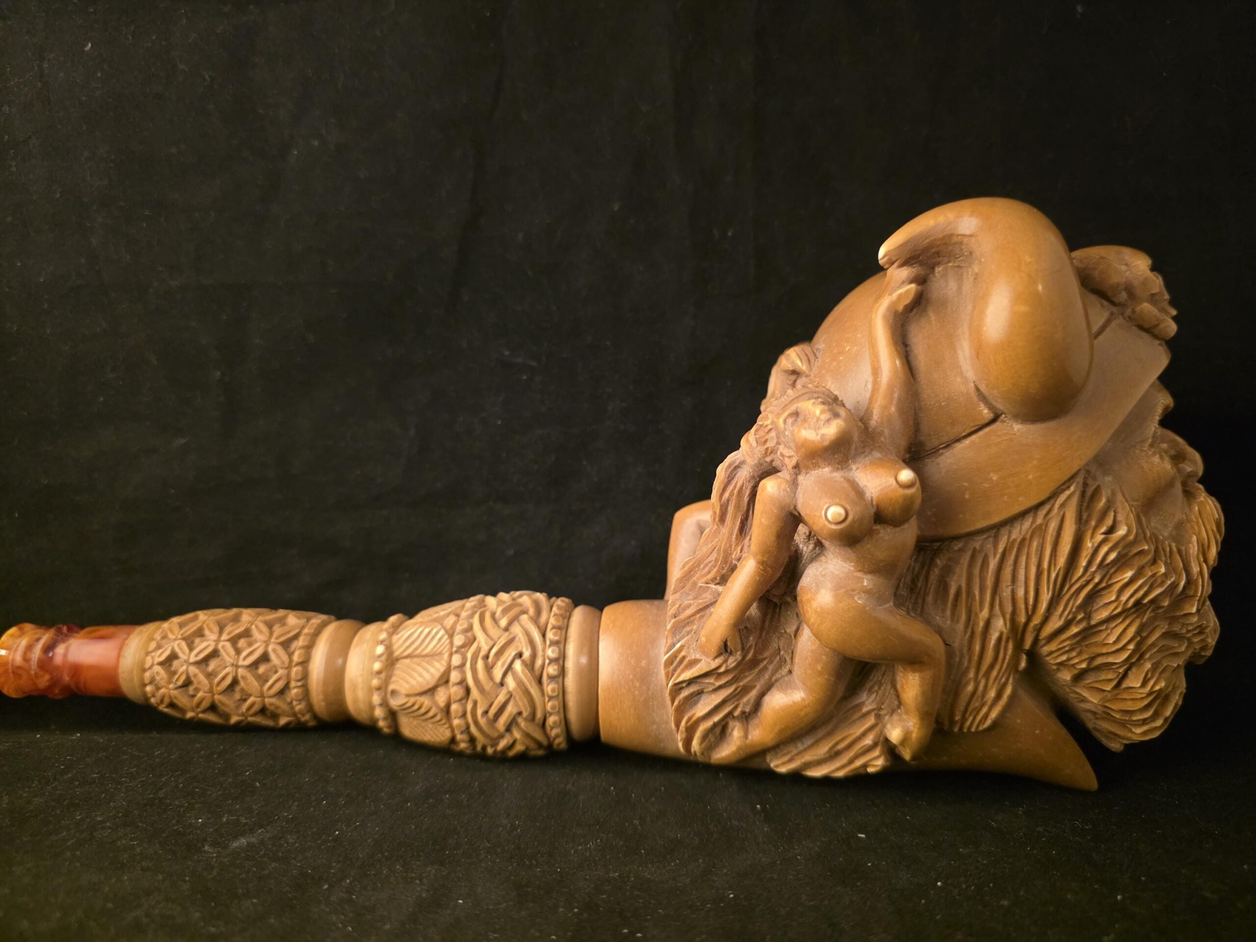 Large Viking Meerschaum Pipe, Hand Carved Block Meerschaum, Viking Warrior & Skull, Nude Female Figures, Museum Quality Collectible Pipe - Image 6