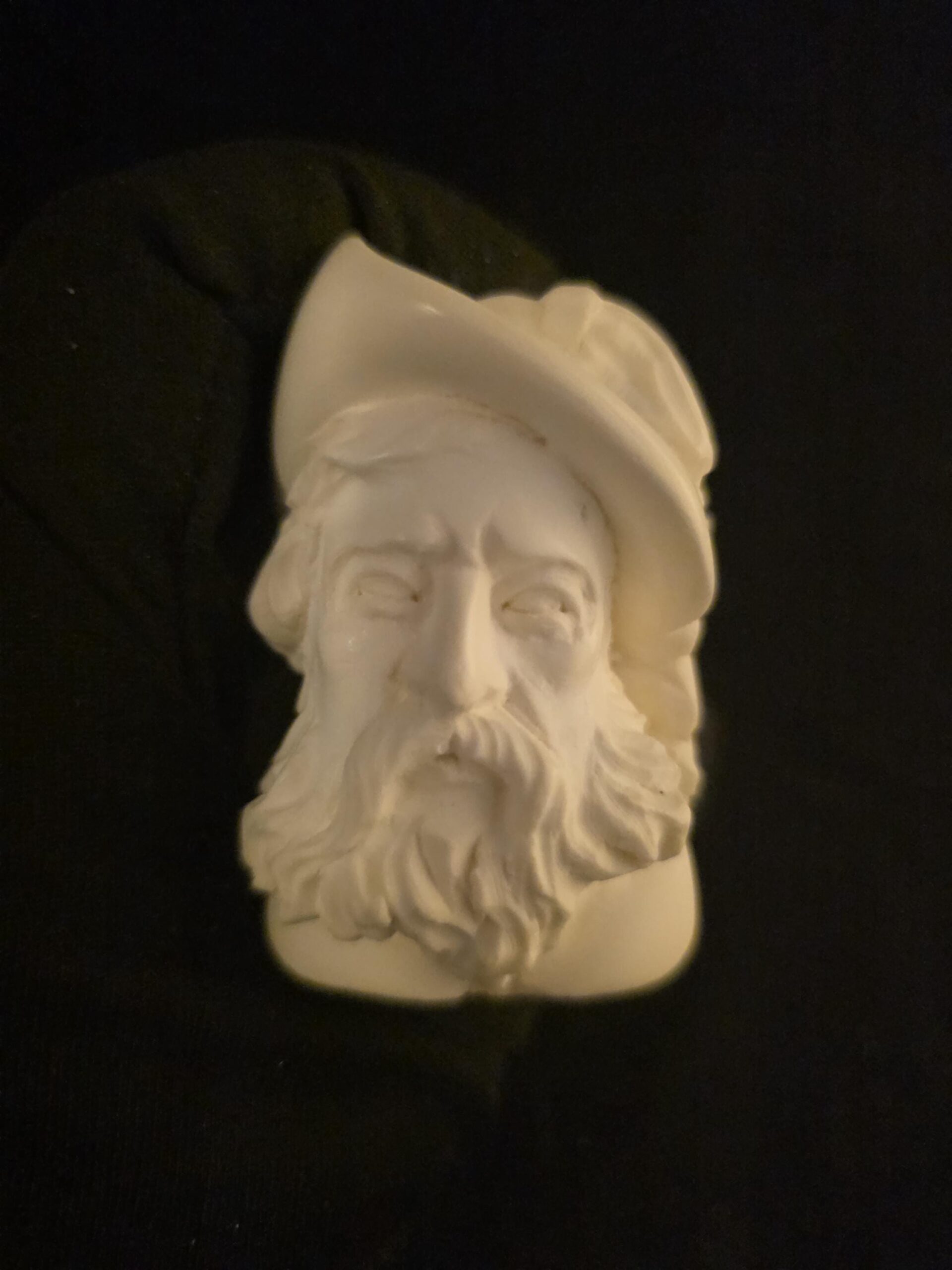 Spanish Knight Meerschaum Pipe, hand-carved historical figure, acrylic stem.