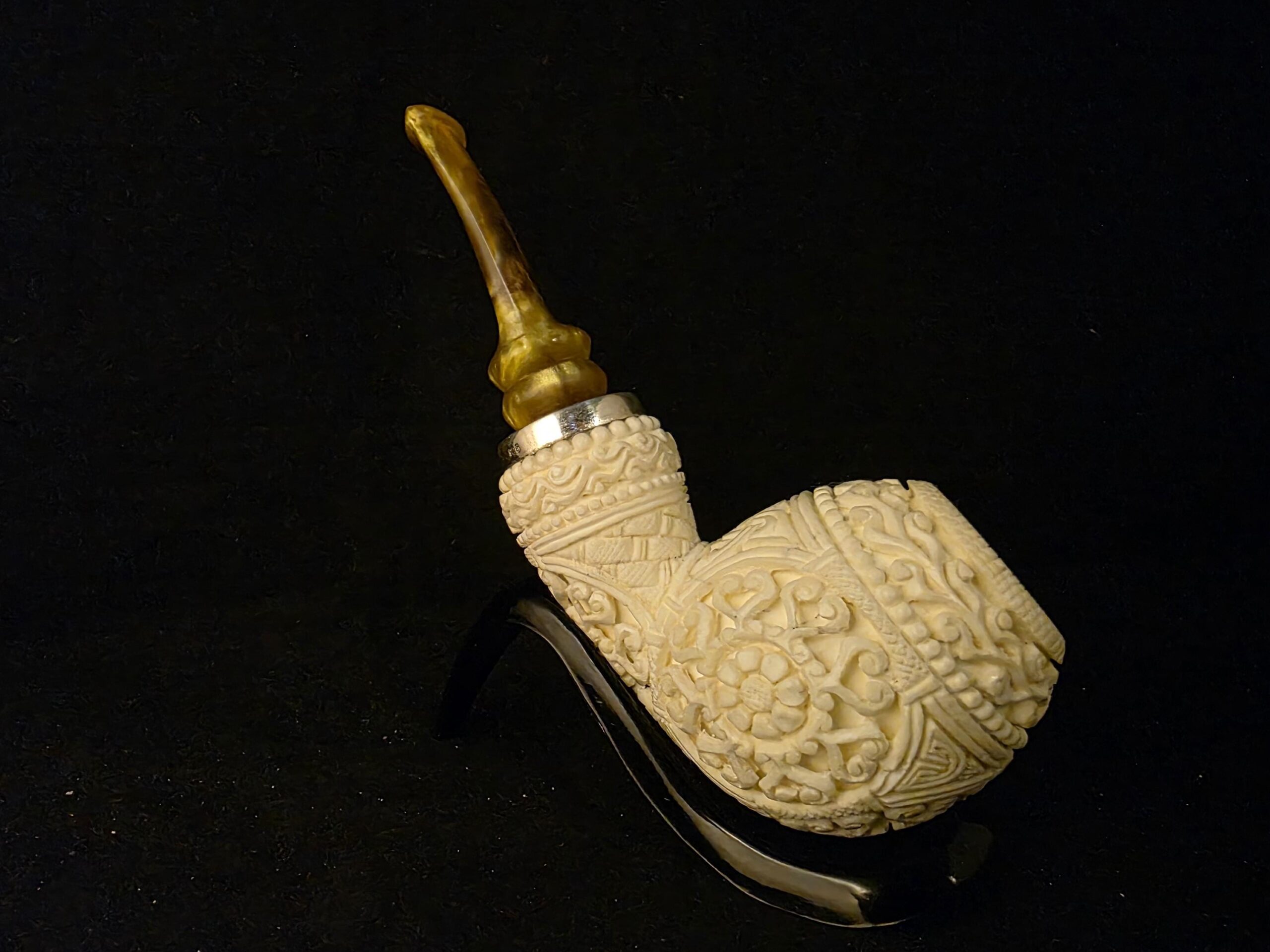 925 Silver Ring Extream Rare Micro Relief Work Meerschaum Pipe,Block Meerschaum, Gift For Him, Special Stem Design - Image 2
