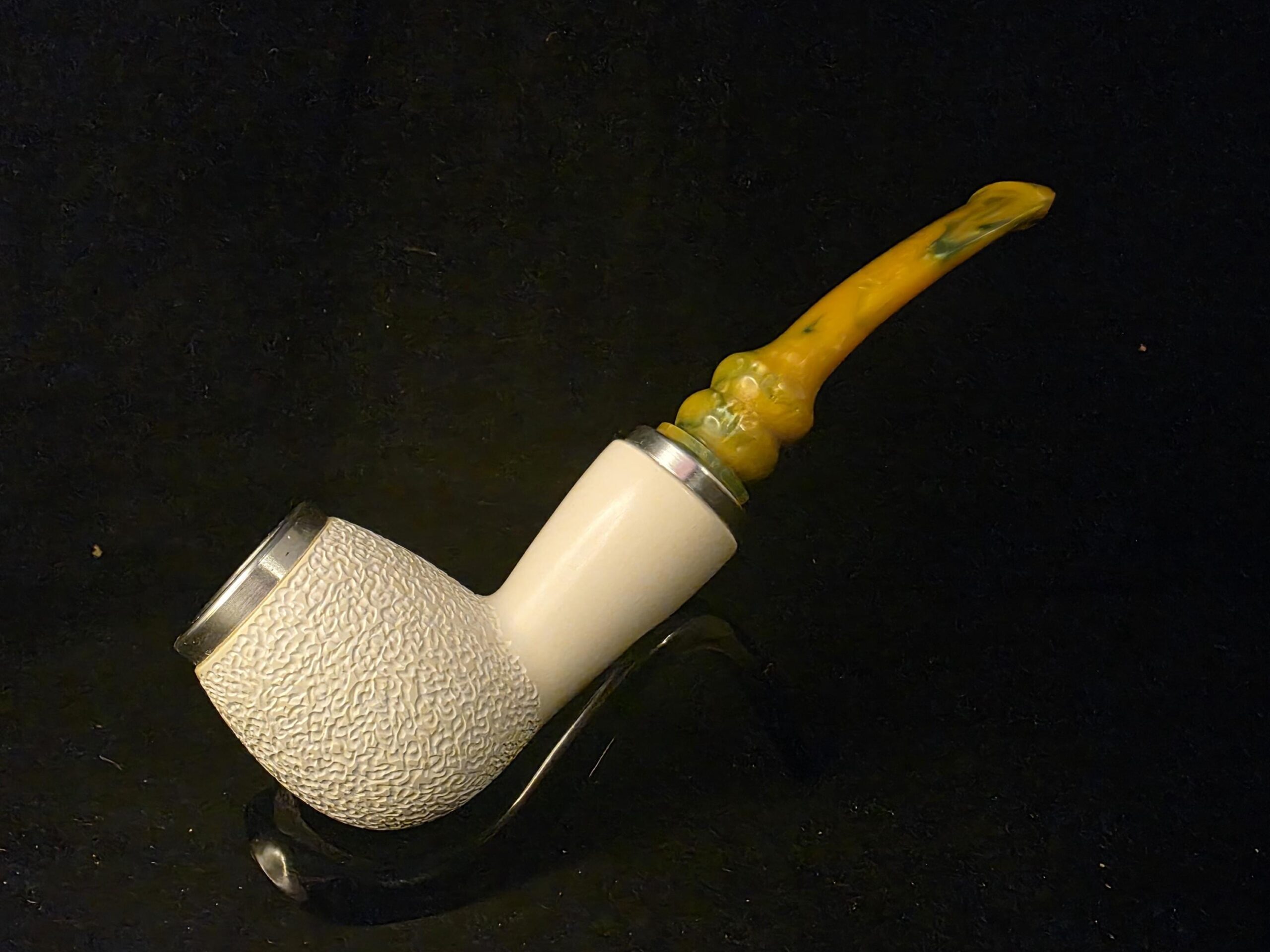 Rustic Apple Design Meerschaum Pipe, Special Push Pull Stem Design, Reverse Calabash Chamber, Fitted Case, Double Metal ring - Image 4