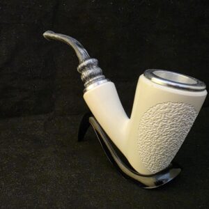 Unique Design Meerschaum Pipe, Hlaf Rustic half Smooth, Fitted Case,Push and Pull Stem System,Reverse Calabash Chamber, Block Meerschaum,