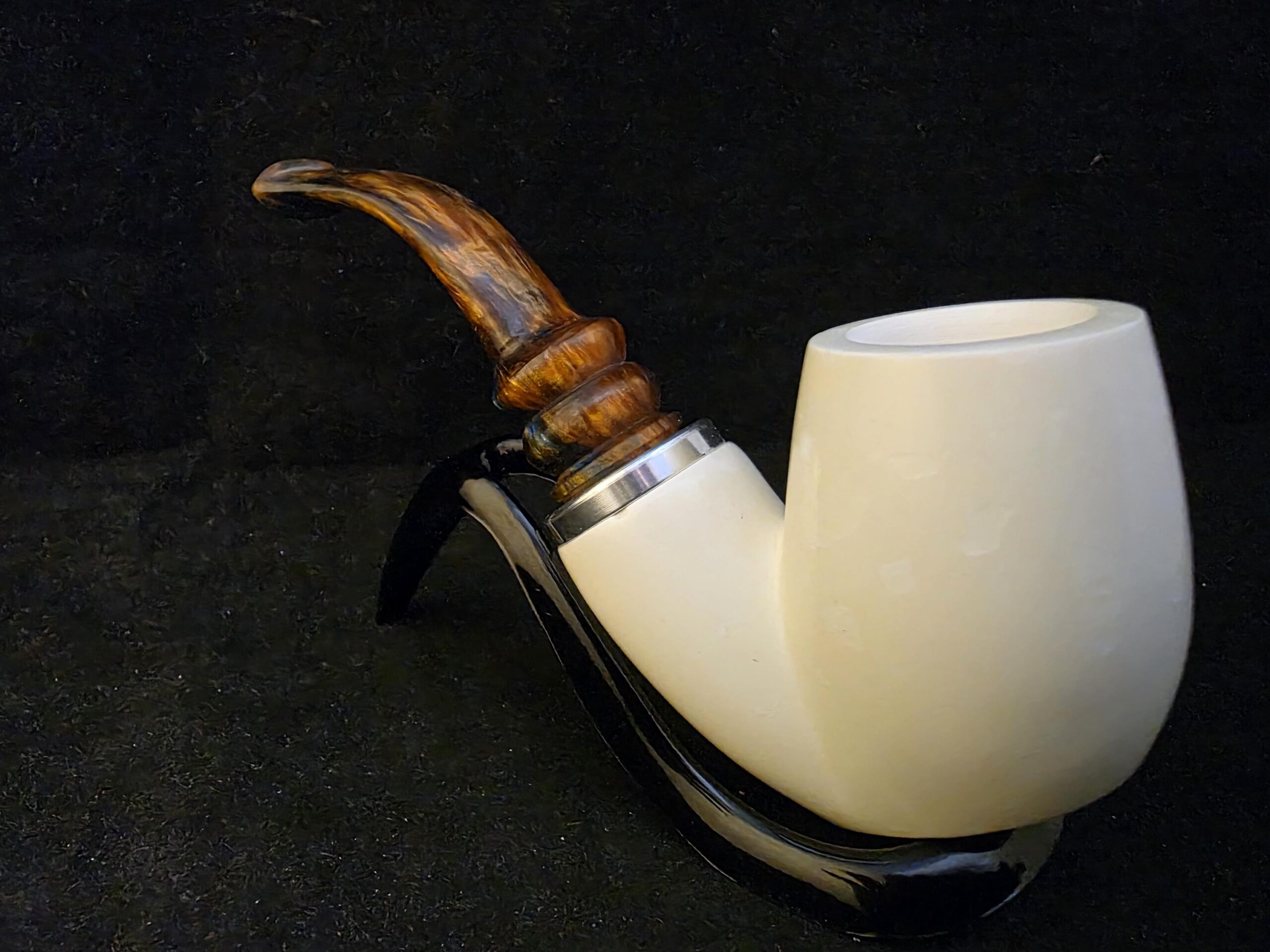 Unique Design Meerschaum Pipe, Hlaf Rustic half Smooth, Fitted Case,Push and Pull Stem System,Reverse Calabash Chamber, Block Meerschaum, - Image 3