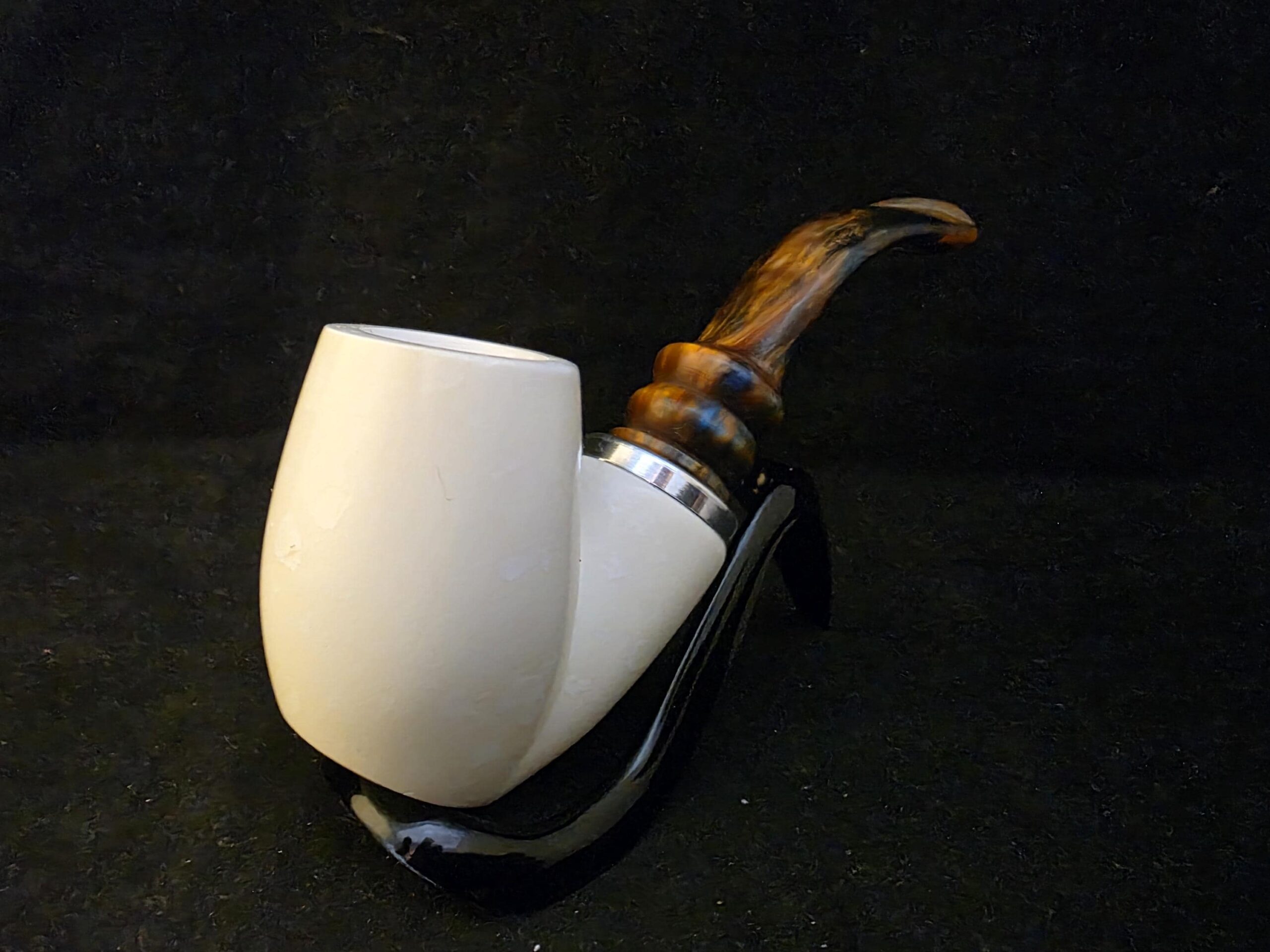 Unique Design Meerschaum Pipe, Hlaf Rustic half Smooth, Fitted Case,Push and Pull Stem System,Reverse Calabash Chamber, Block Meerschaum, - Image 5