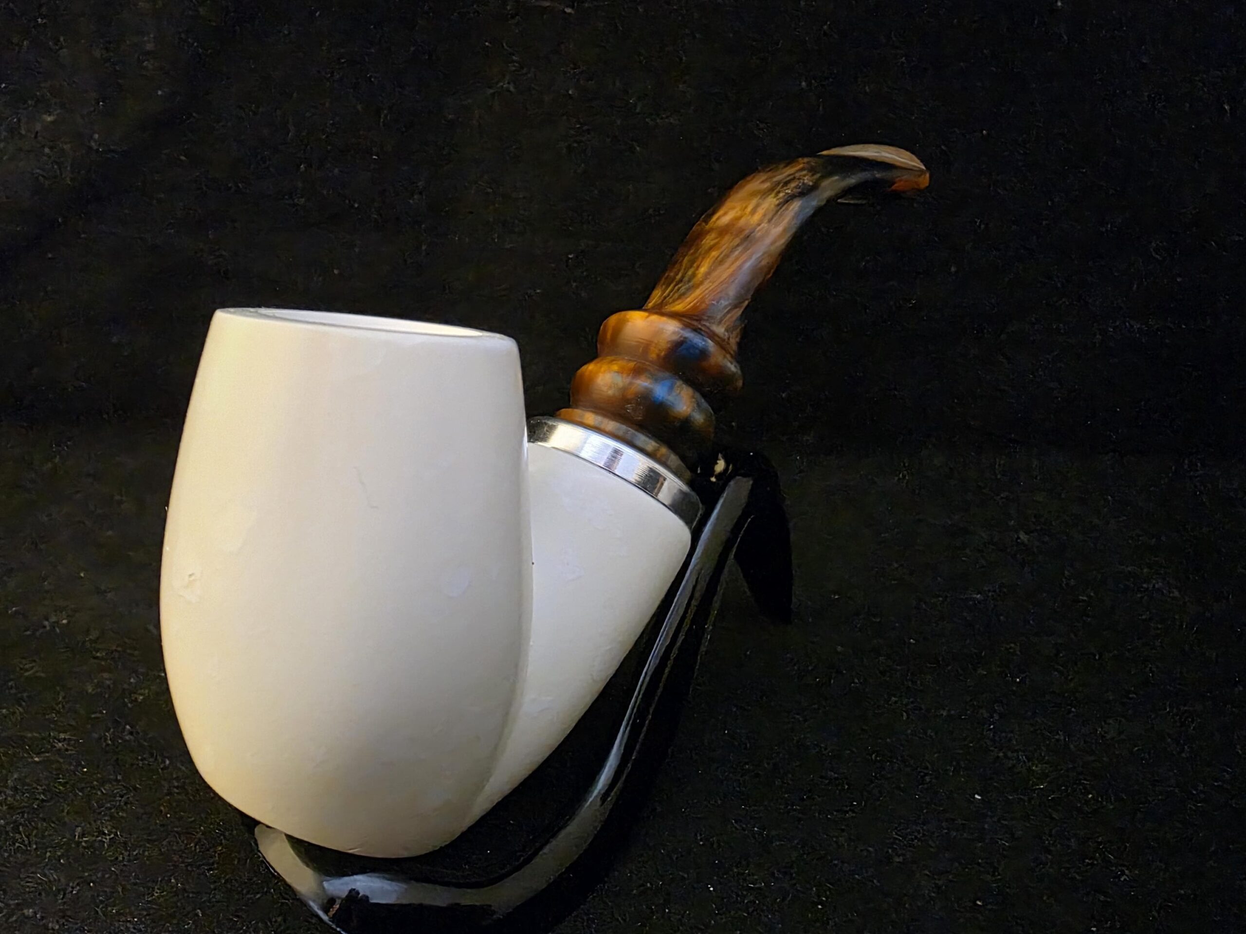 Unique Design Meerschaum Pipe, Hlaf Rustic half Smooth, Fitted Case,Push and Pull Stem System,Reverse Calabash Chamber, Block Meerschaum, - Image 6