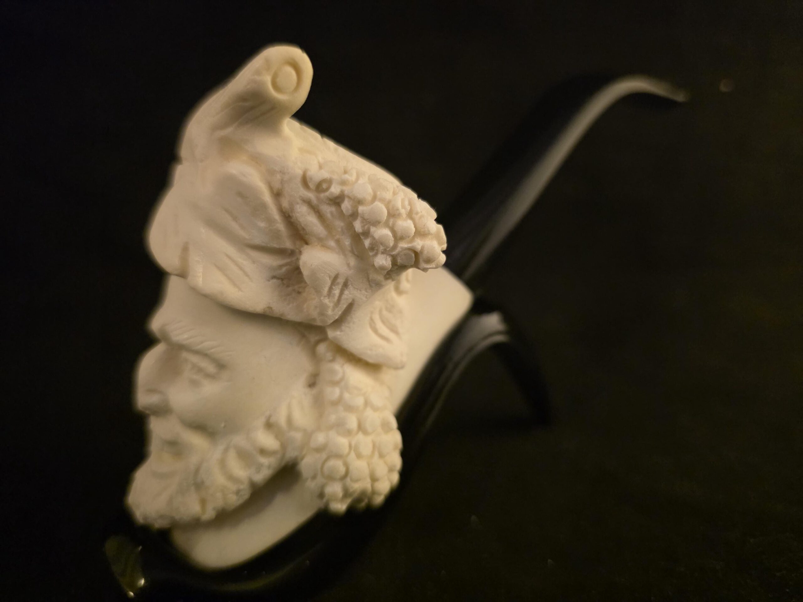 Bacchus Meerschaum Pipe, God of Wine Design, Hand‑Carved, Acrylic Stem.
